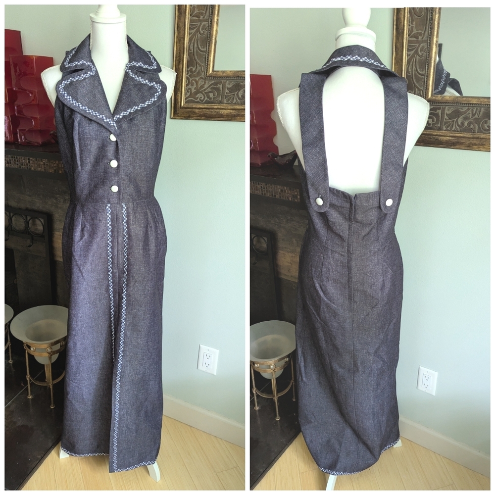 Vtg 70s Does 40s Denim Look Long Sleeveless Dress Dress Ric-rac Detail S/M